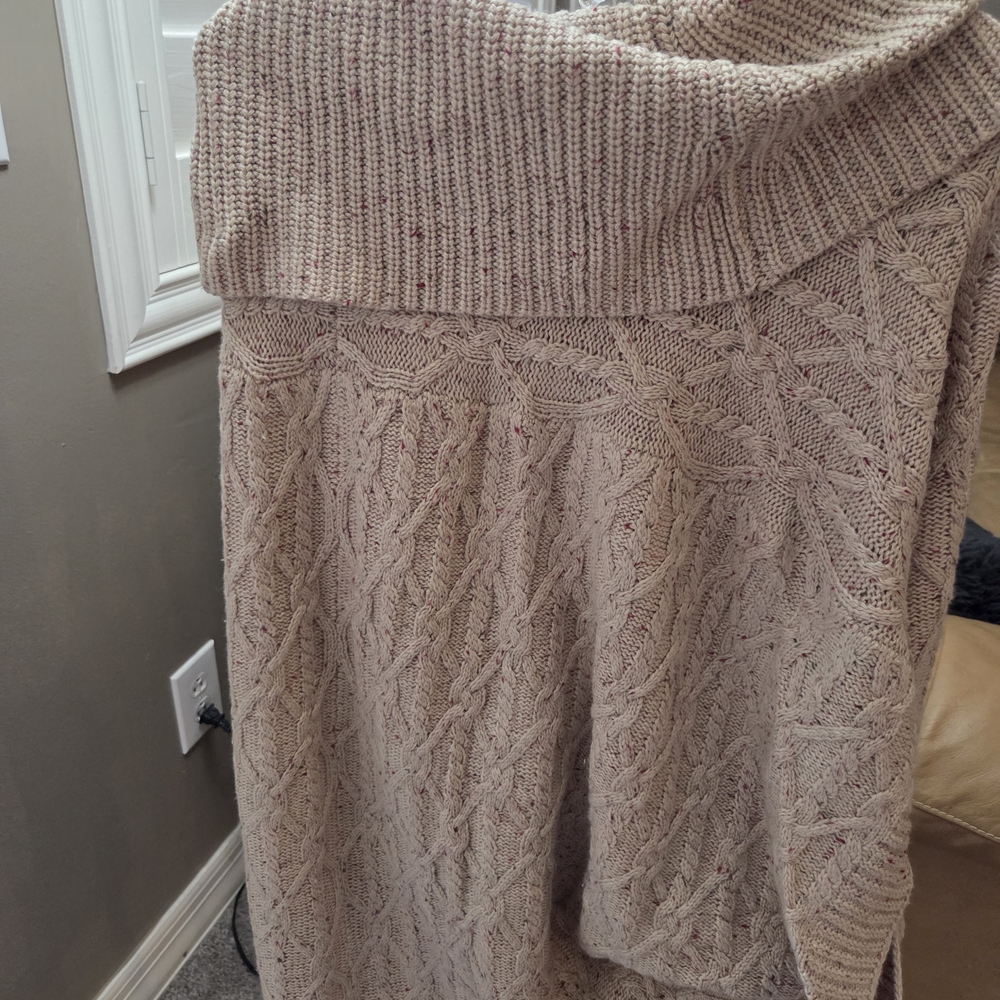 Tan Knit Shawl / Poncho Wrap – Cable Knit – One Size Fits Most